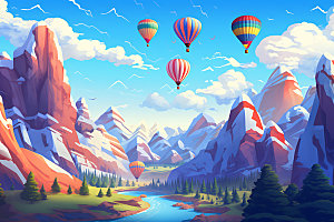 热气球山野景观插画