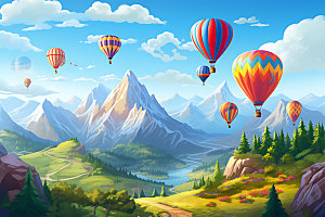 热气球自然山野插画