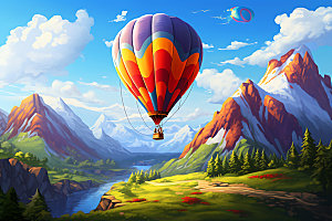 热气球山野旅游插画