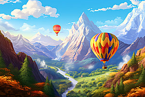 热气球旅行山野插画