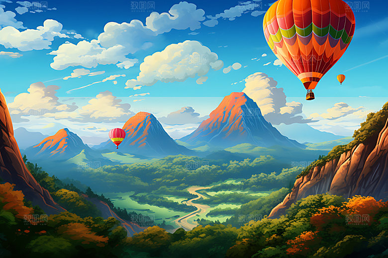 热气球景色自然插画