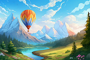热气球自然景观插画