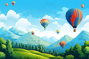 热气球旅游山野插画