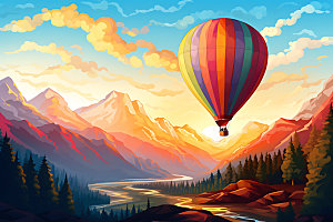 热气球景观山野插画