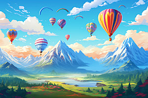 热气球景观旅游插画