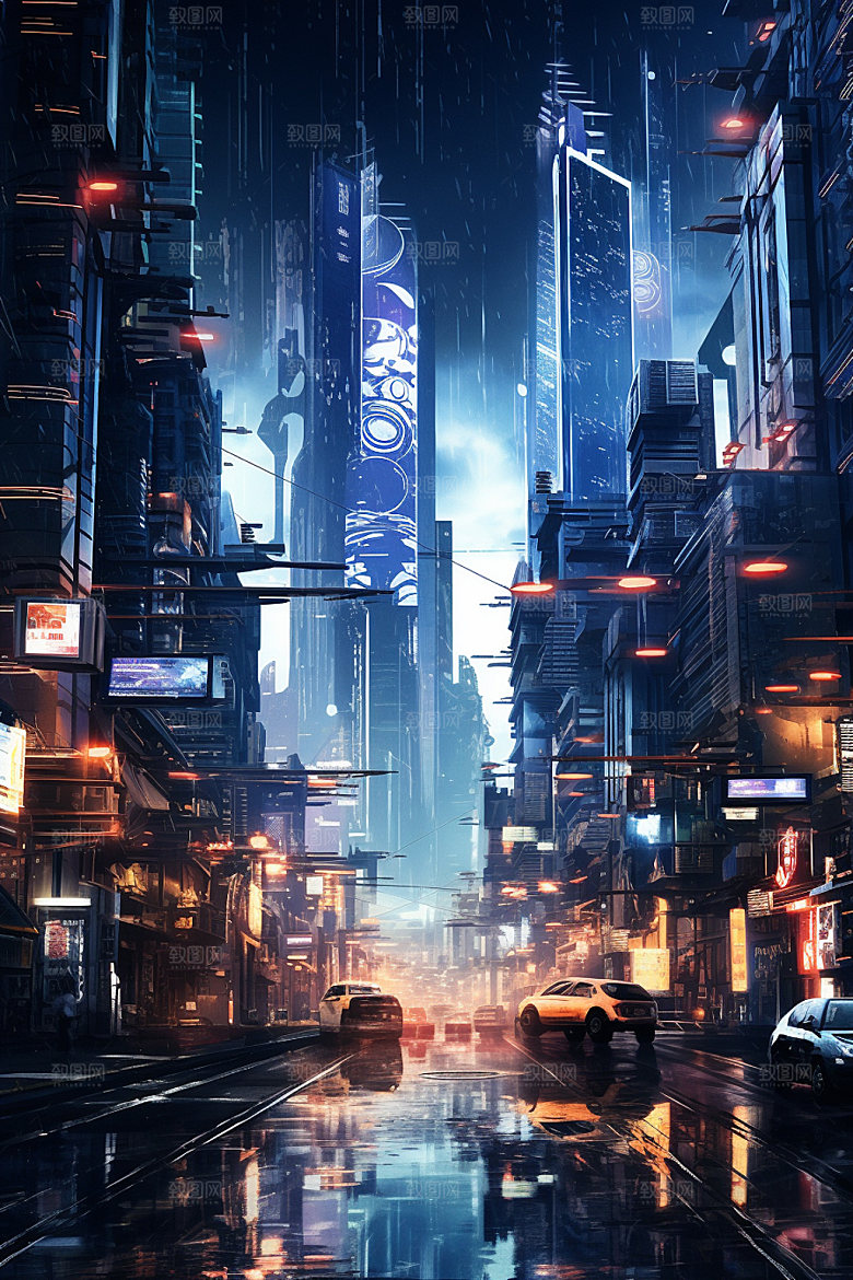 赛博都市科幻城市场景插画