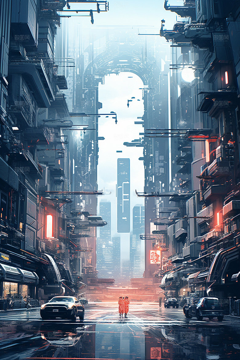 赛博都市炫酷城市场景插画