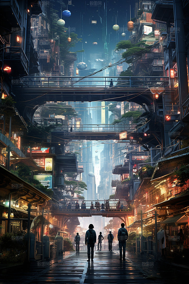 赛博都市游戏夜景场景插画