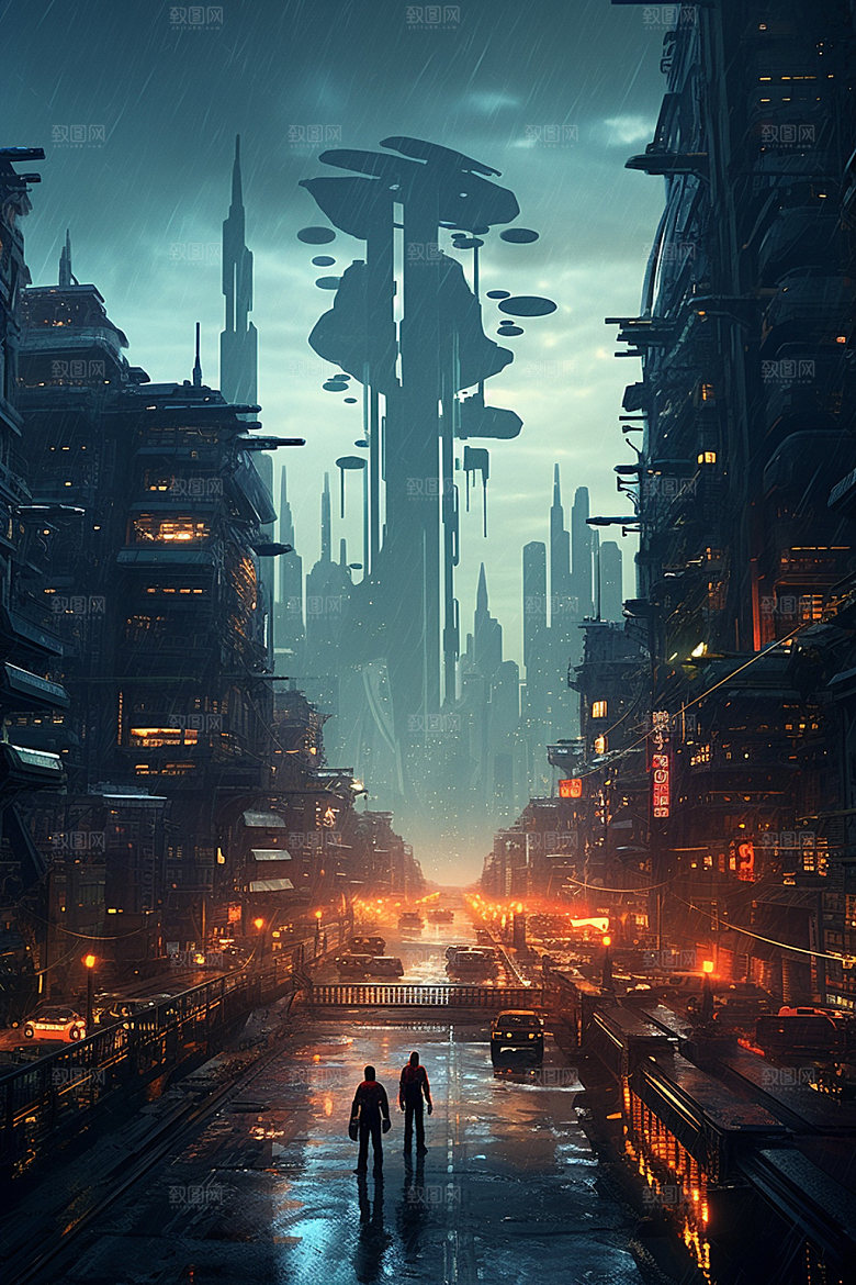 赛博都市游戏科幻场景插画