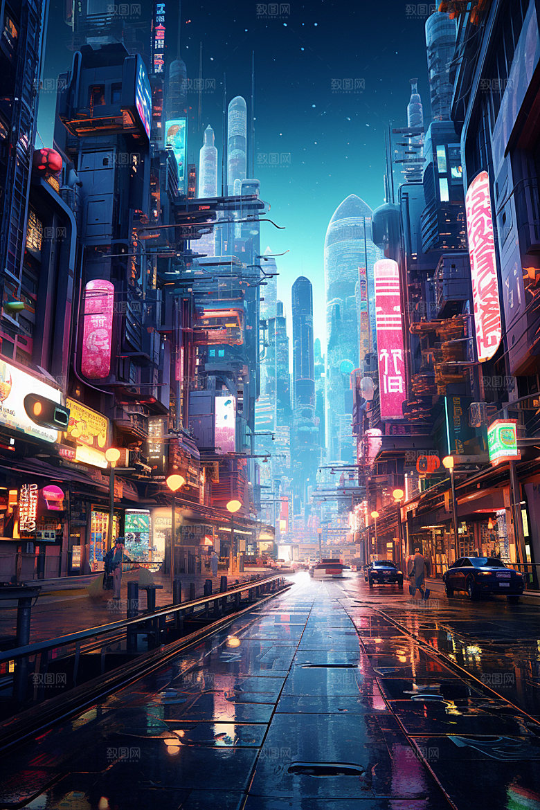 赛博都市夜景科幻场景插画