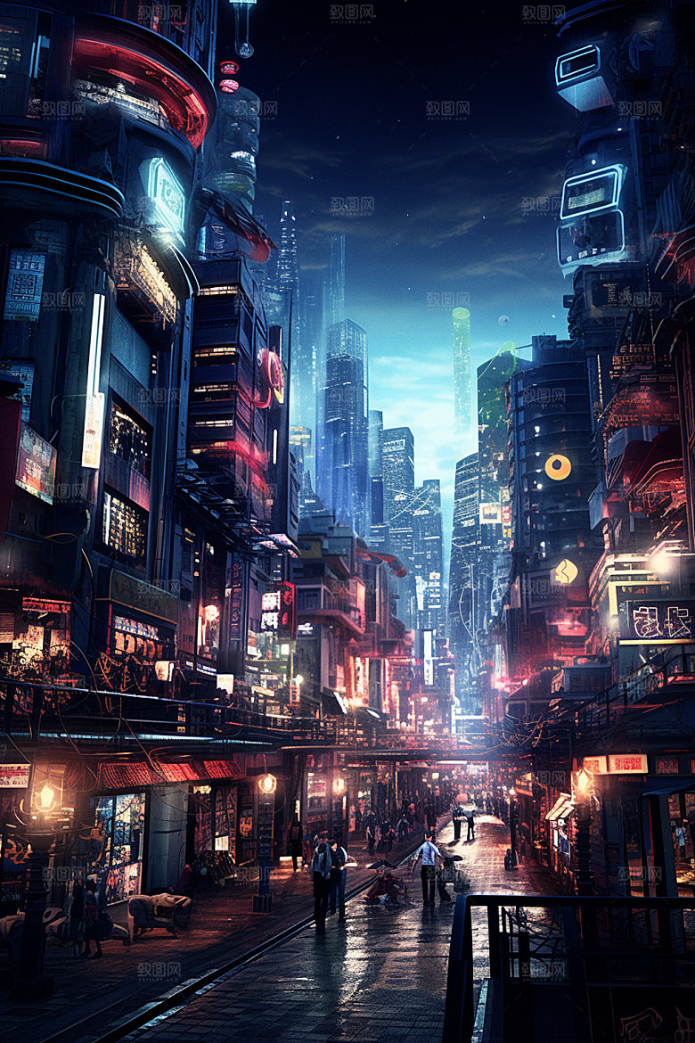 赛博都市科技夜景场景插画