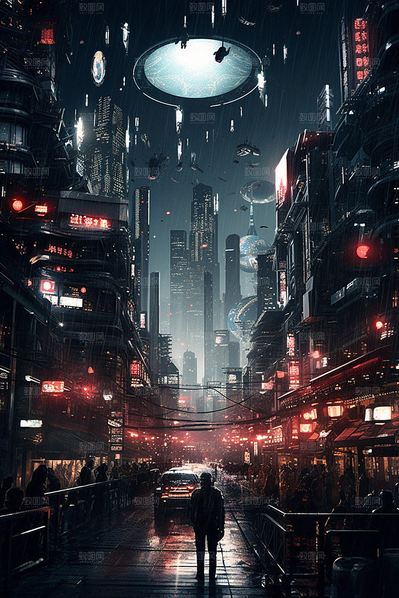 赛博都市游戏夜景场景插画
