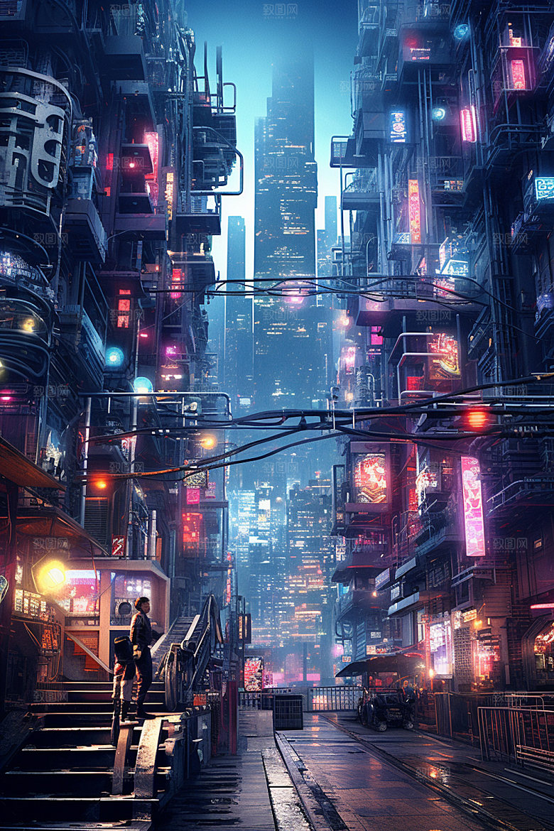 赛博都市科技游戏场景插画