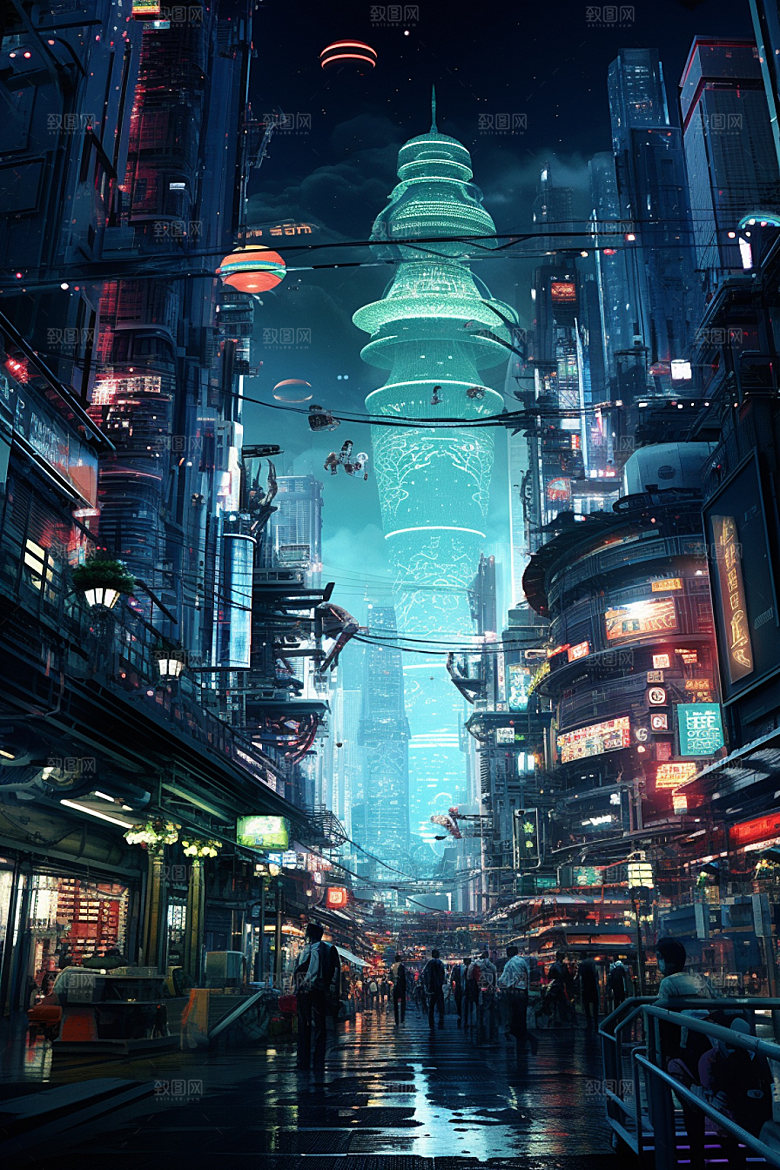 赛博都市科幻城市场景插画