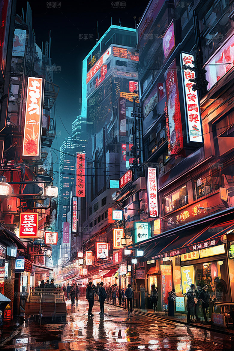 赛博都市科幻游戏场景插画