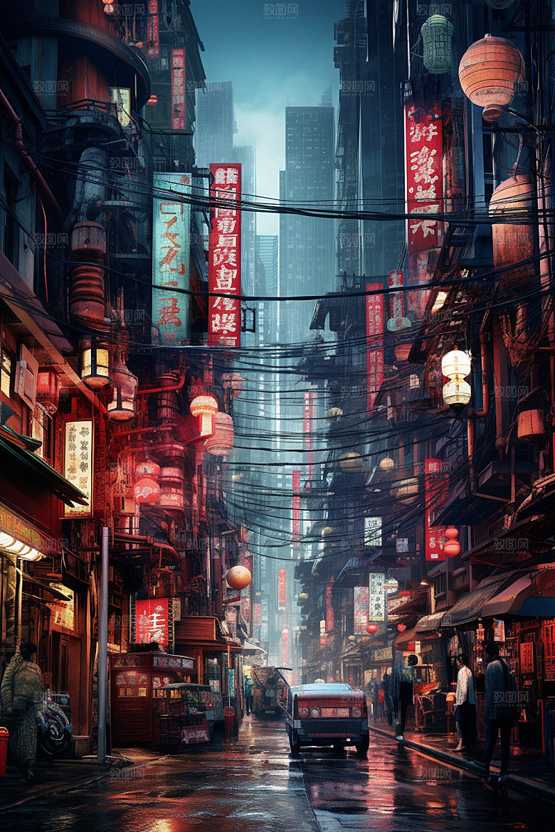 赛博都市炫酷游戏场景插画