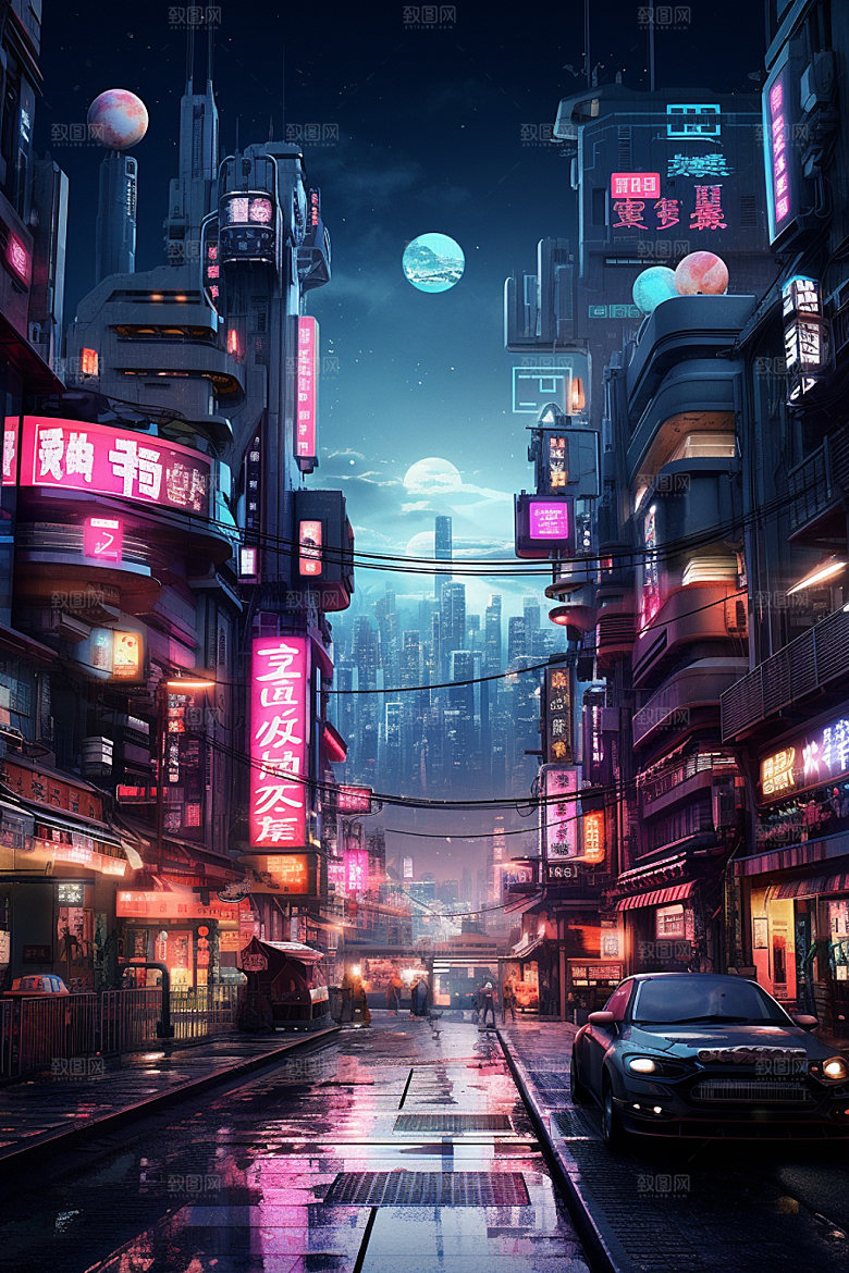 赛博都市夜景科幻场景插画