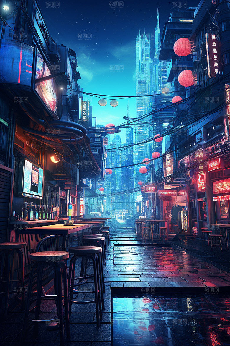赛博都市游戏科幻场景插画