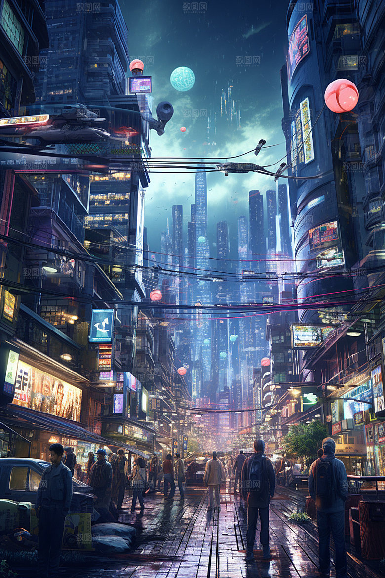 赛博都市夜景游戏场景插画