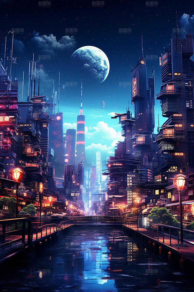 赛博都市科幻未来场景插画