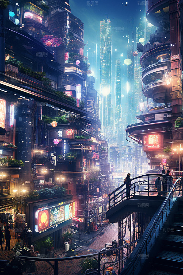 赛博都市科技未来场景插画
