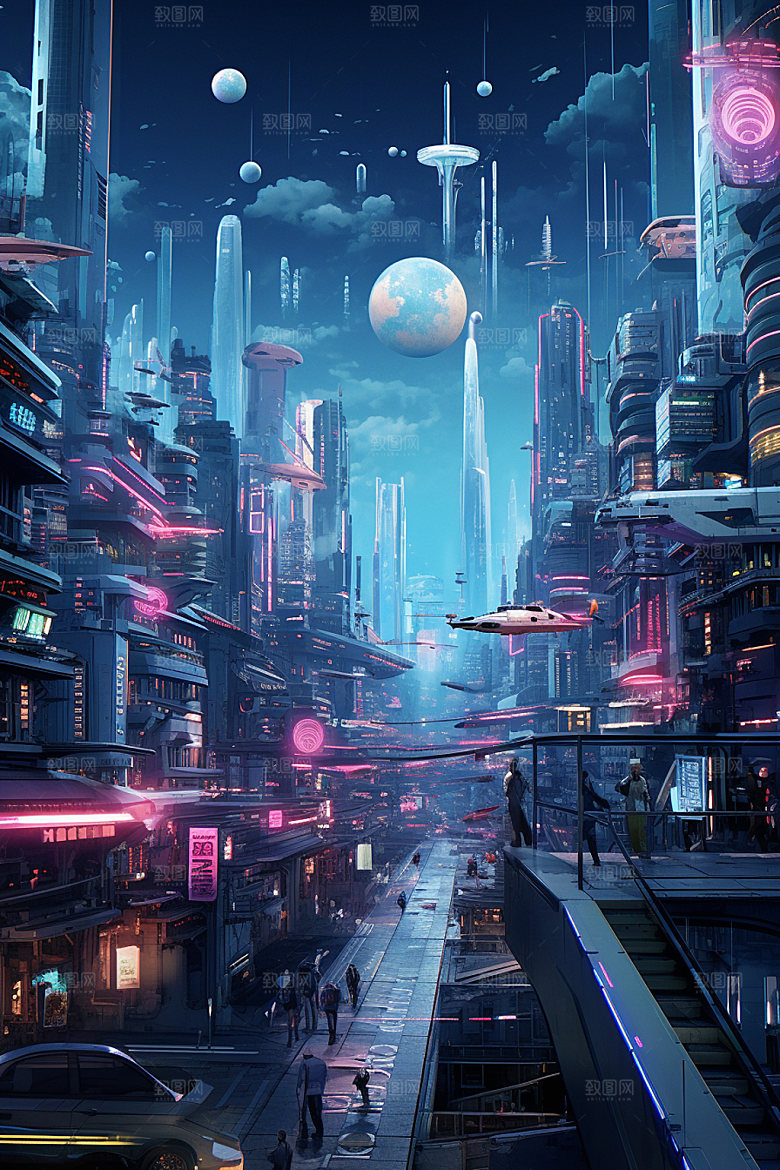 赛博都市未来夜景场景插画