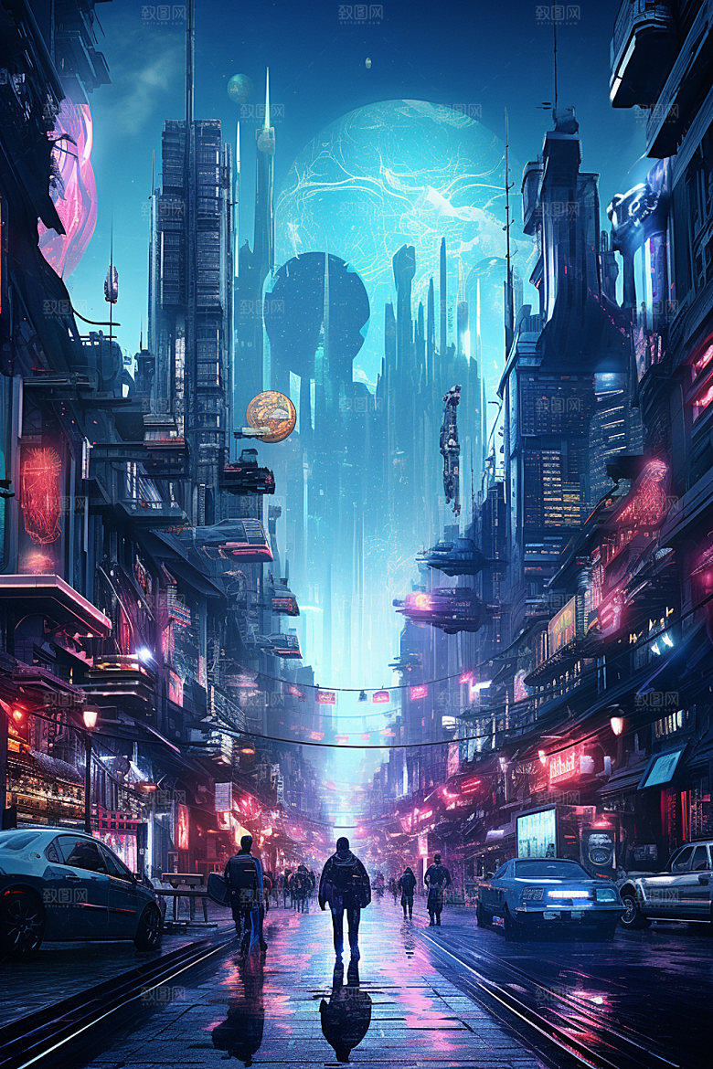 赛博都市城市夜景场景插画