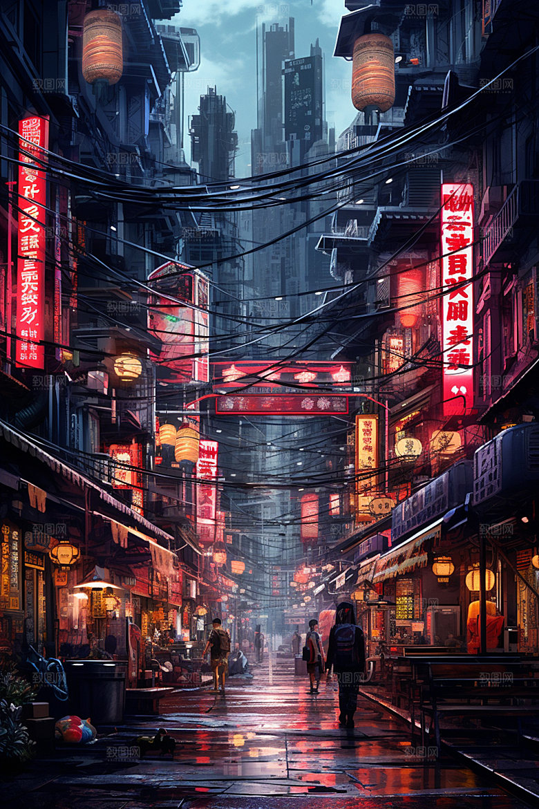 赛博都市夜景科技场景插画