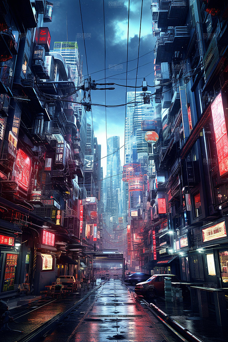 赛博都市游戏炫酷场景插画