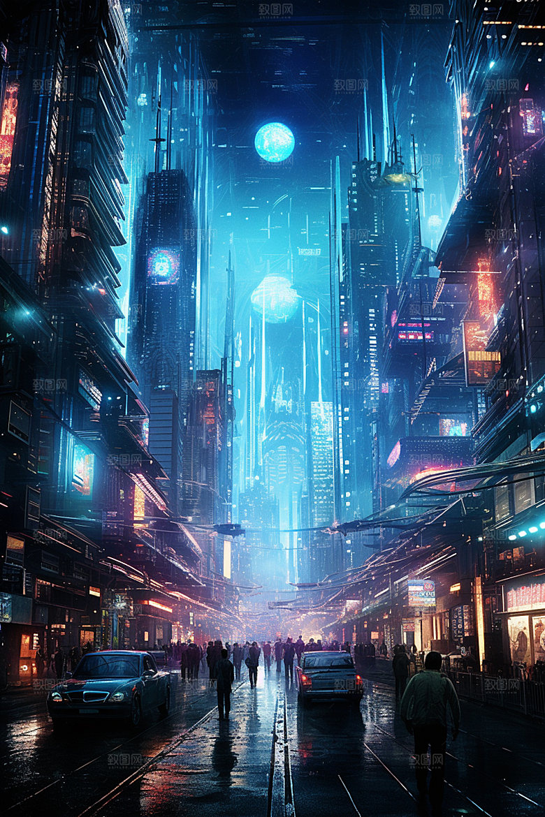赛博都市炫酷科幻场景插画