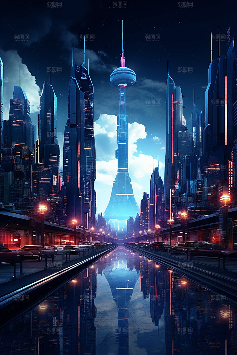 赛博都市游戏夜景场景插画