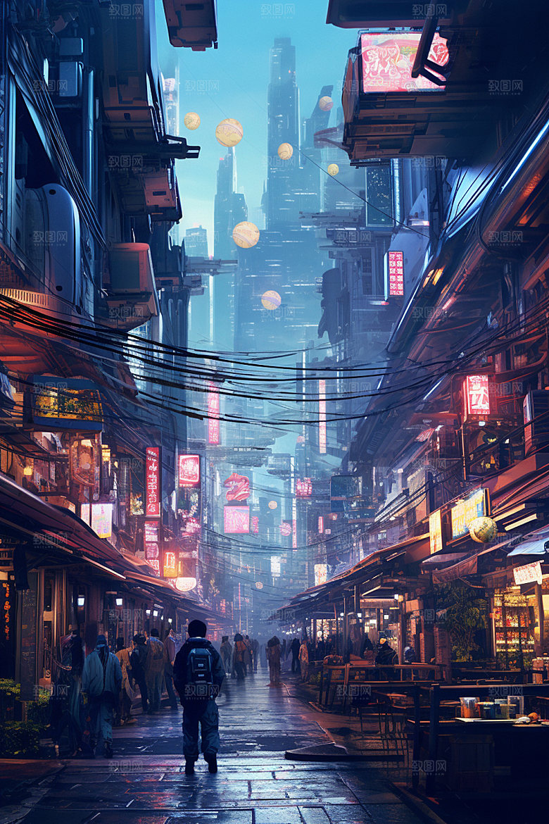 赛博都市游戏城市场景插画
