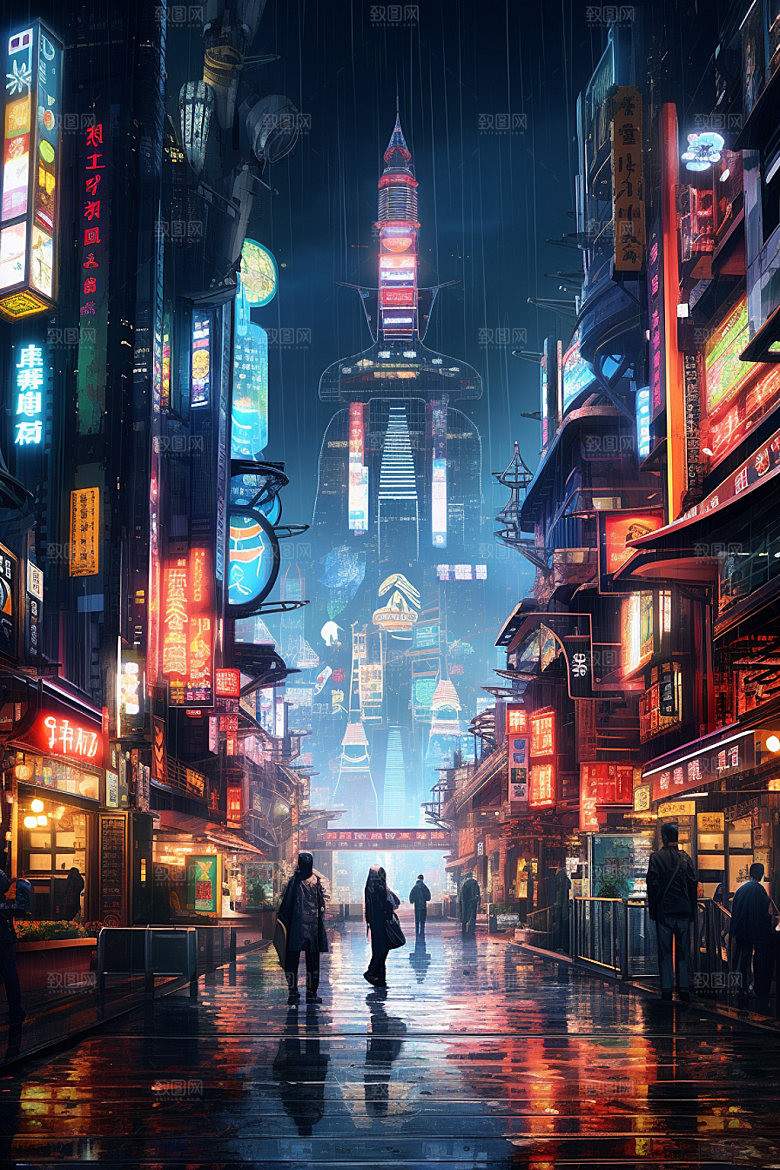 赛博都市炫酷游戏场景插画