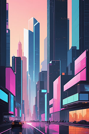 赛博朋克城市抽象未来插画