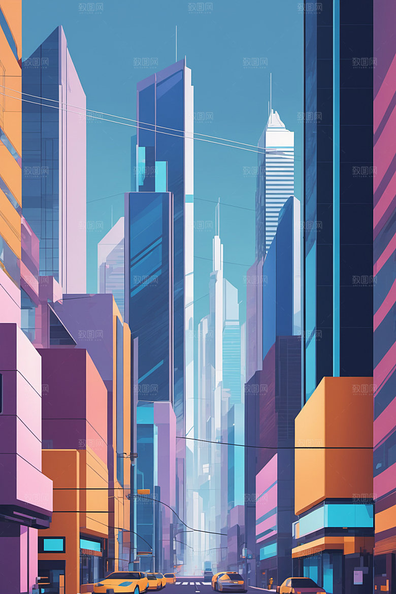 赛博朋克城市风格化几何插画