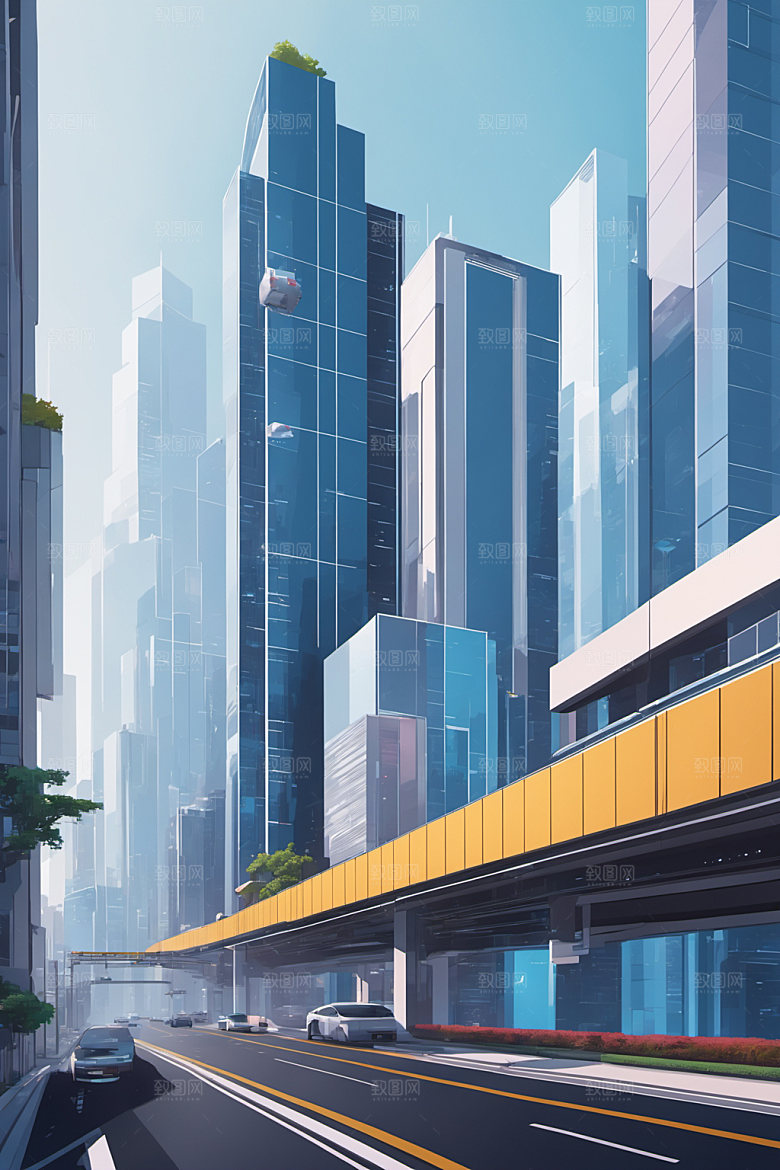 赛博朋克城市几何科技插画