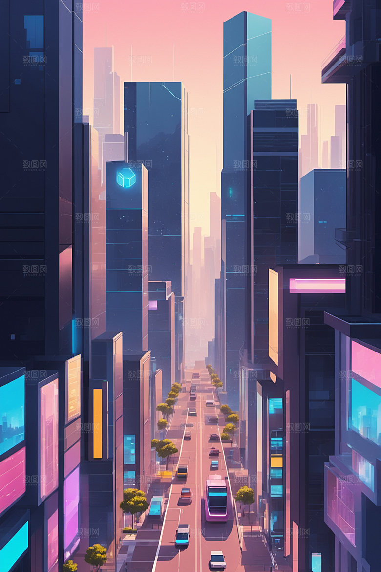 赛博朋克城市建筑抽象插画