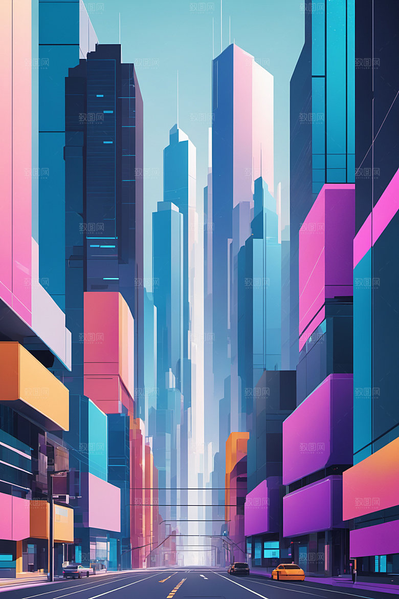 赛博朋克城市艺术几何插画