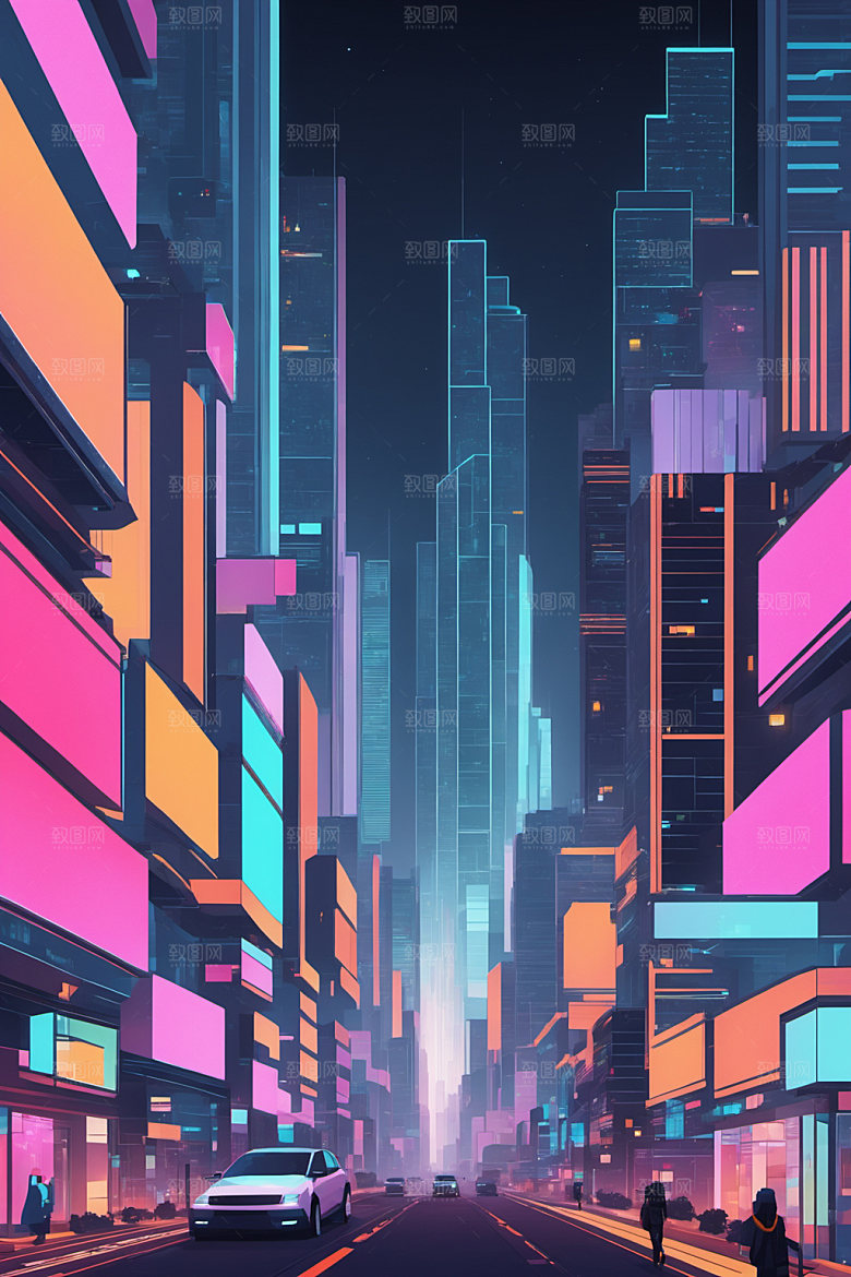 赛博朋克城市建筑抽象插画