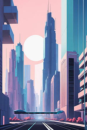赛博朋克城市建筑抽象插画