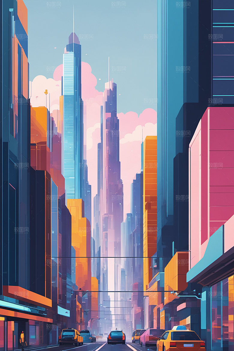 赛博朋克城市都市几何插画