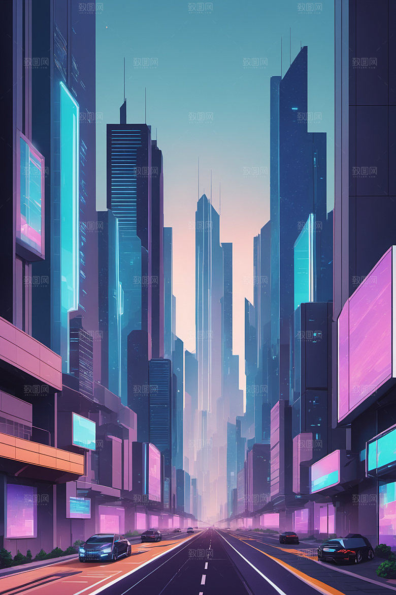 赛博朋克城市几何立体插画