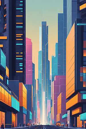 赛博朋克城市都市抽象插画