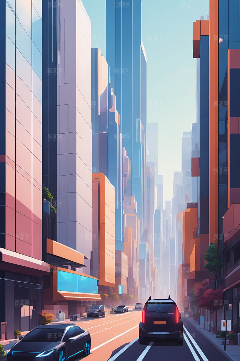 赛博朋克城市风格化建筑插画