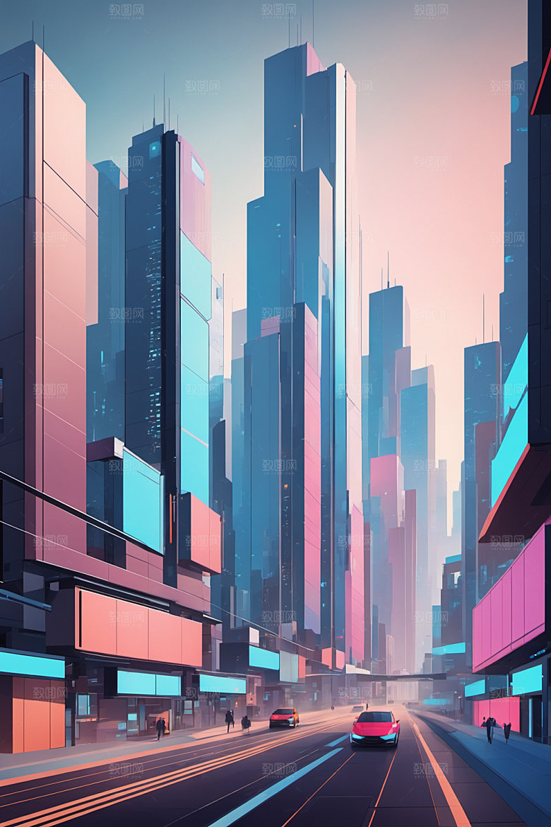 赛博朋克城市建筑科技插画