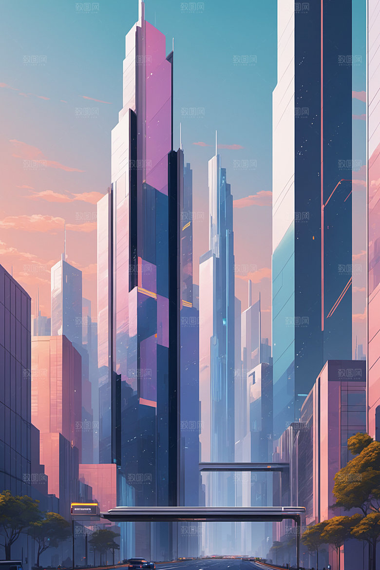 赛博朋克城市抽象建筑插画