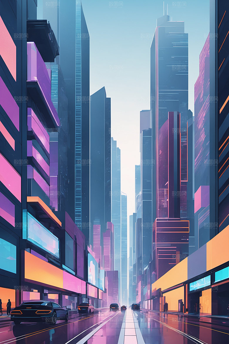 赛博朋克城市风格化抽象插画