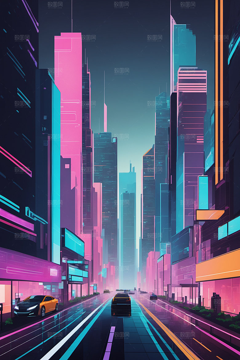 赛博朋克城市都市抽象插画