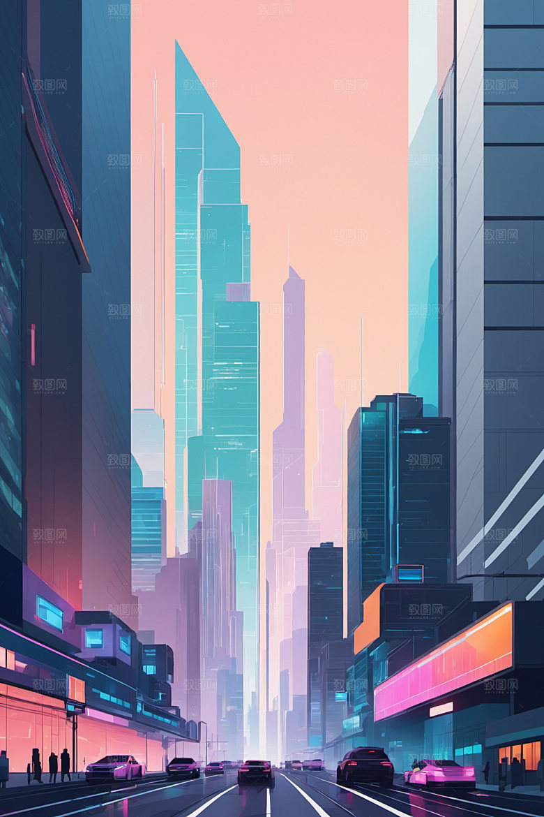 赛博朋克城市几何建筑插画