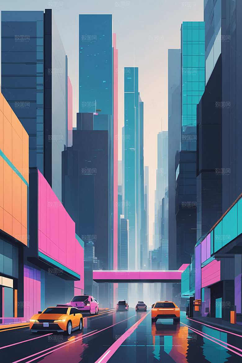 赛博朋克城市几何立体插画